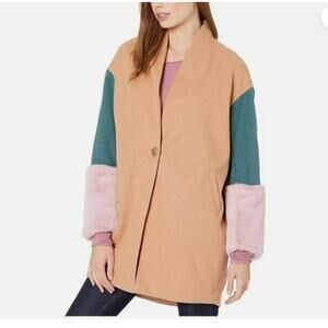 BLANKNYC FUNKY MULTICOLOR Out of Office Faux Fur Cuff Coat Tan Green Pink MEDIUM